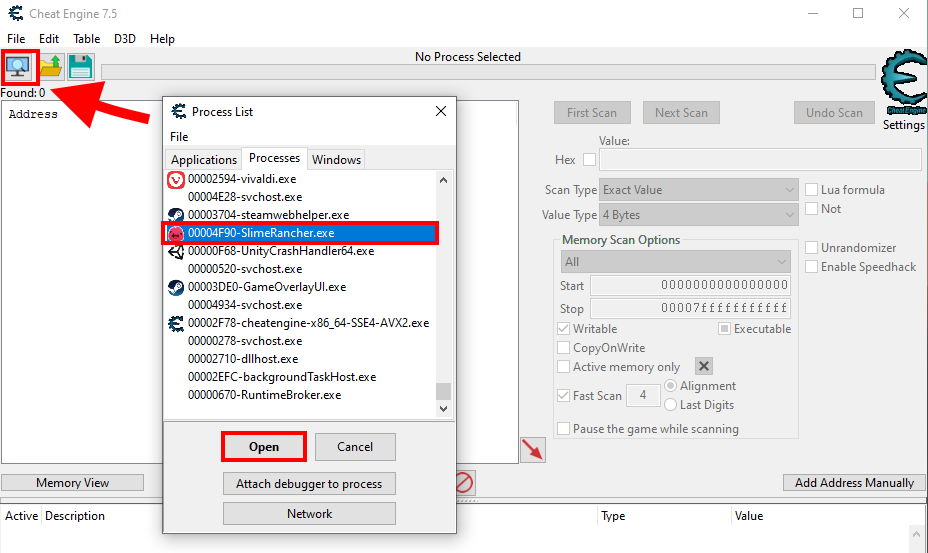 The attach window in Cheat Engine