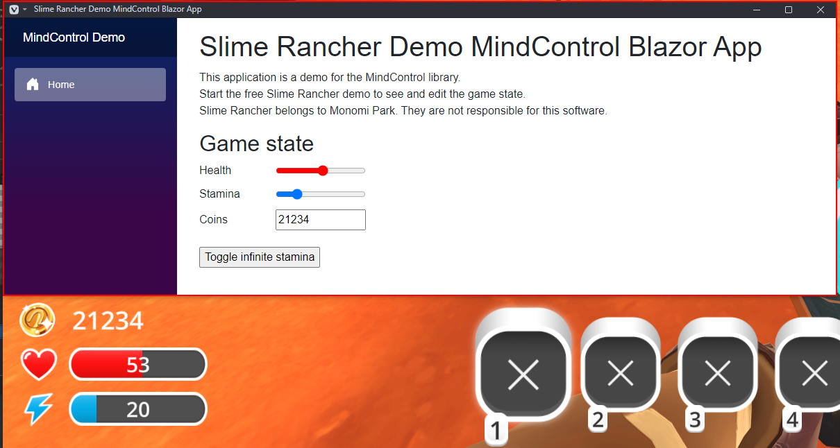 An example Blazor application running MindControl code