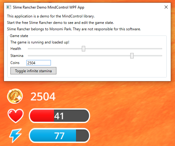 An example WPF application running MindControl code